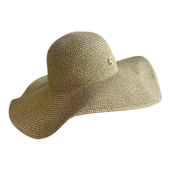 Adrienne Vittadini Straw 5” Wide Brim Floppy Hat Tan Gold - Picture 1 of 10